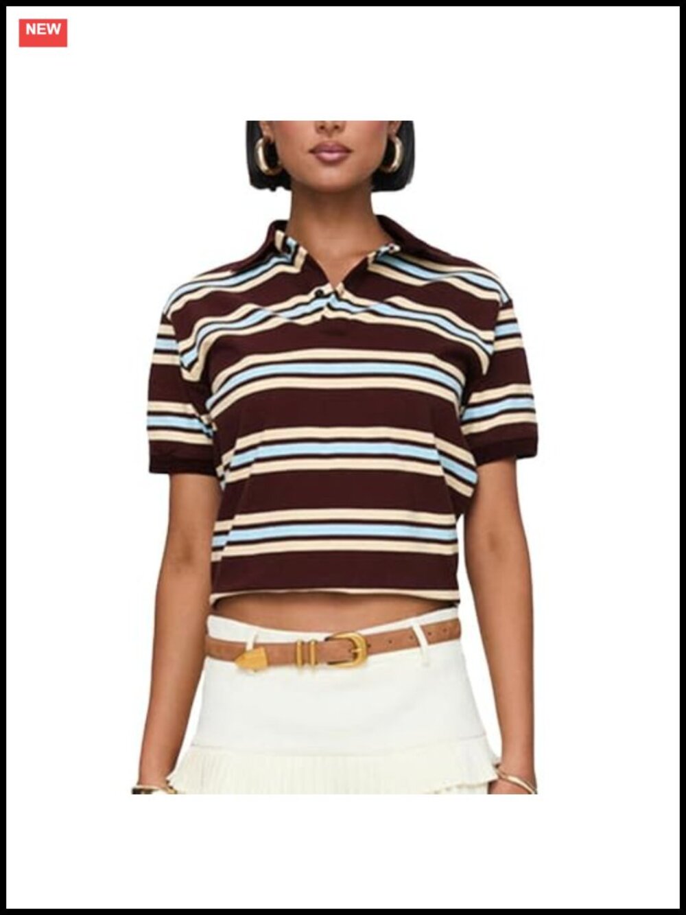 Y2K Striped Polo Crop Tee Short Sleeve V-Neck Fitted Preppy Top